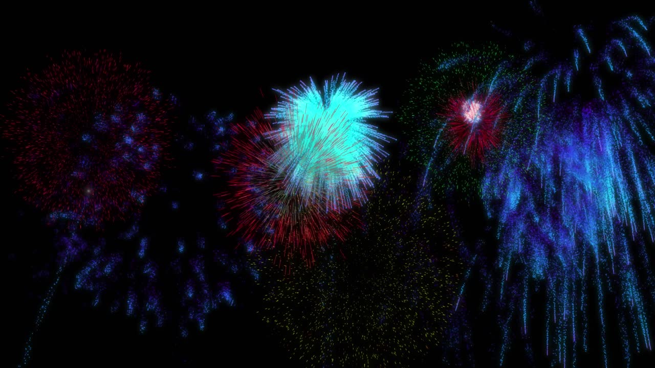 animación de coloridos fuegos artificiales de navidad y año nuevo que explotan en el cielo nocturno