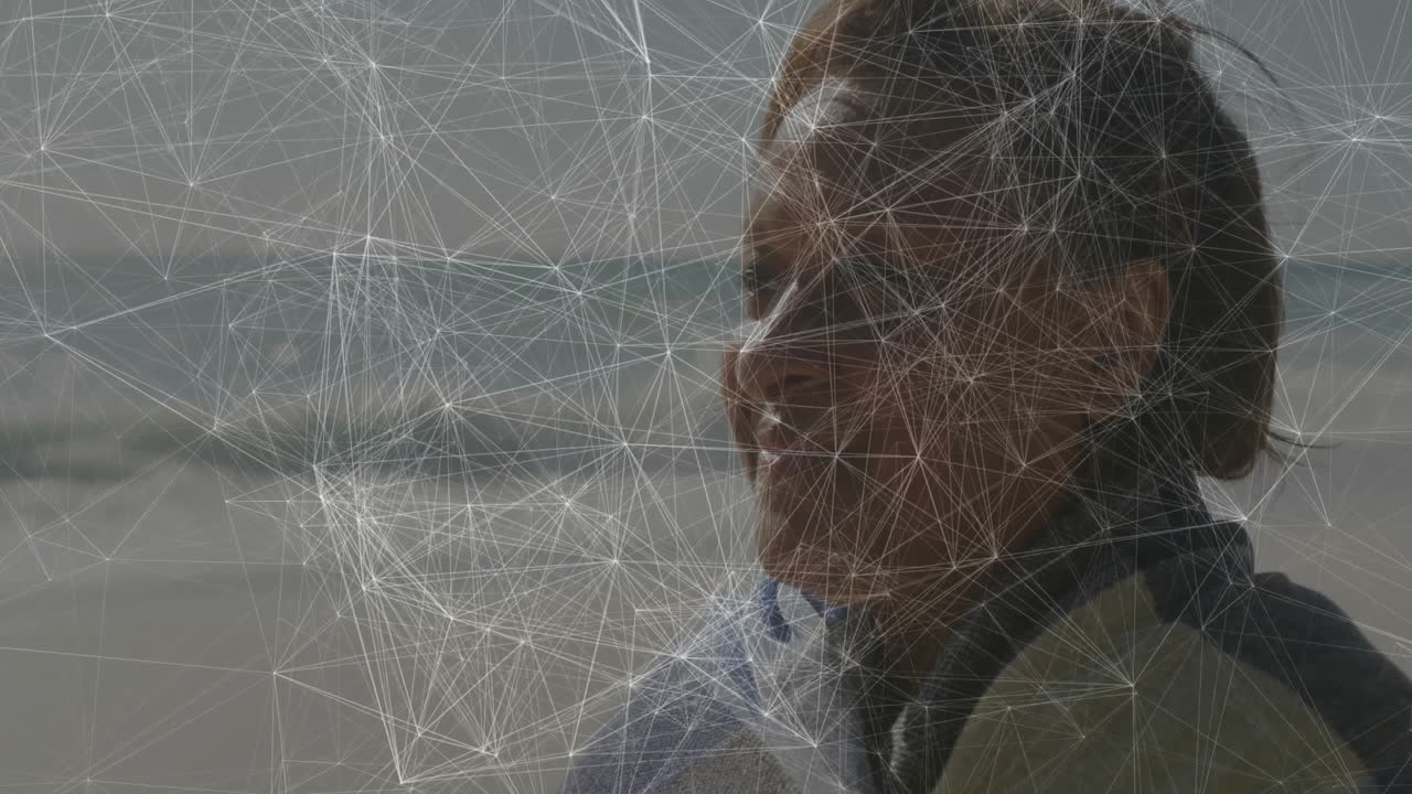 Network of connections and data processing animation over person outdoors