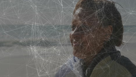 network of connections and data processing animation over person outdoors