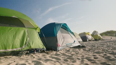 carpas en la arena que sopla en el viento en un día ventoso en la playa de la isla del padre sur en texas al atardecer en 4k