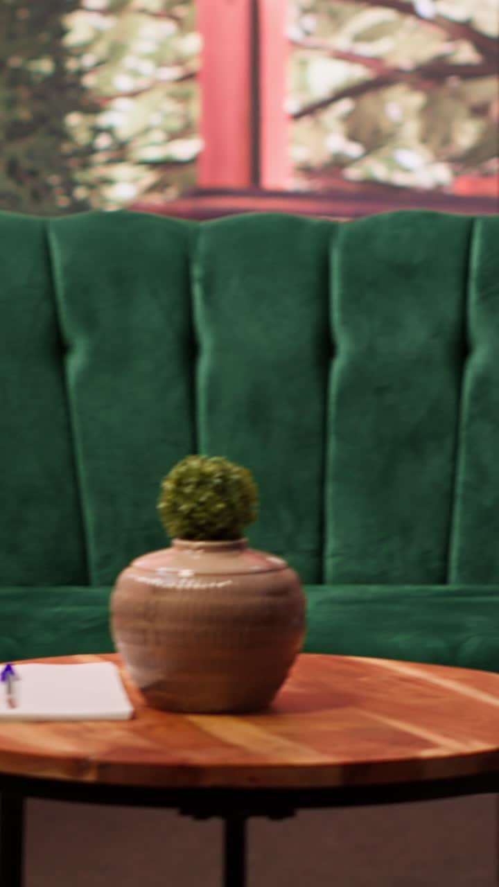 Modern Office Waiting Area with Green Sofa and Decor