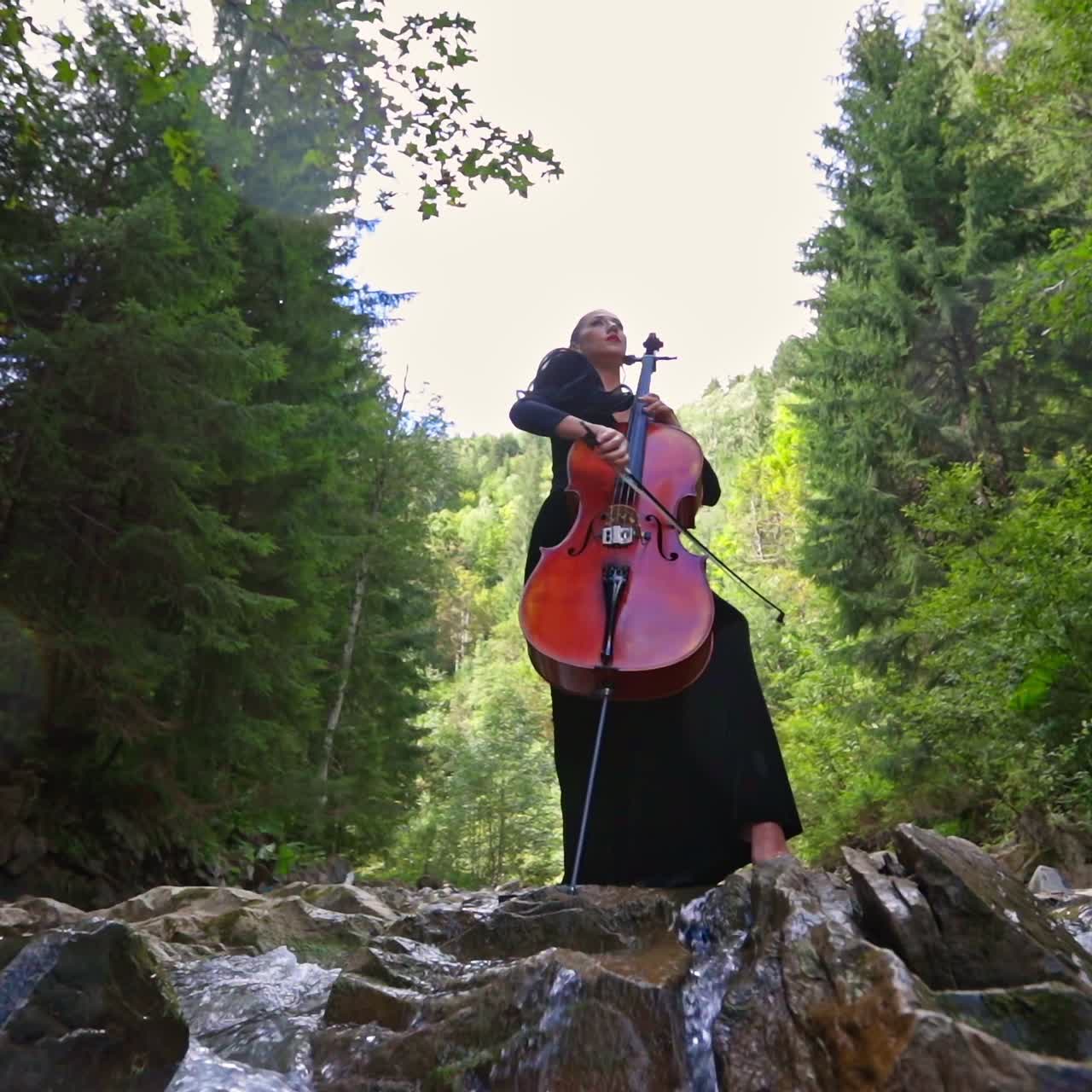 Luxury young cellist in dress perfoming music in the forrest. Pretty woman playing on a cello in nature