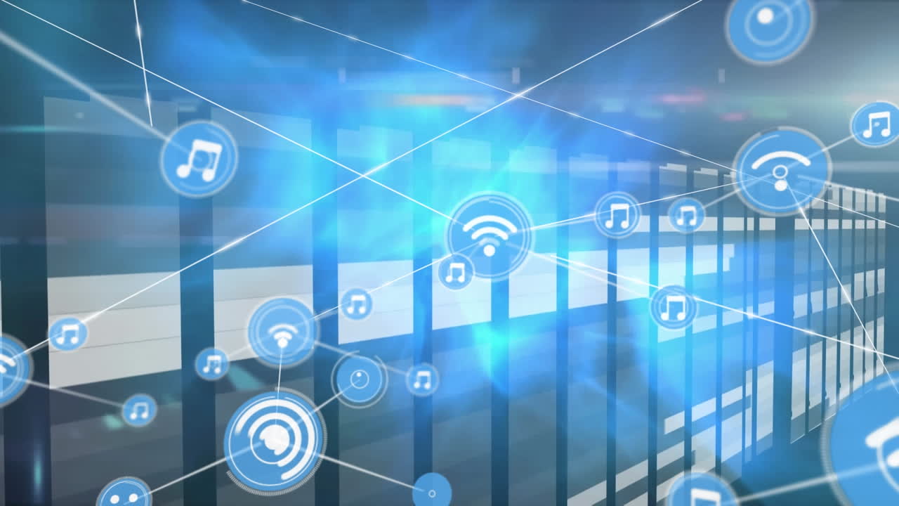 Animation of network of connections with icons over moving columns