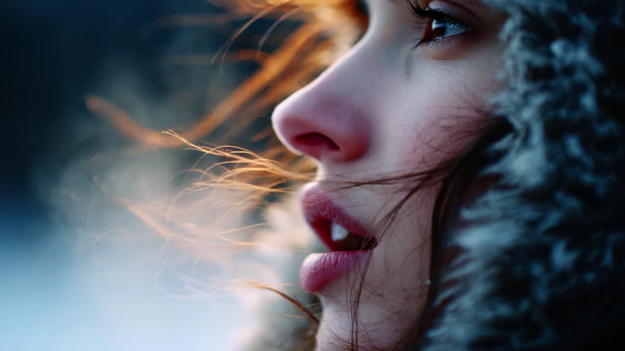 Nahaufnahme einer jungen Frau mit warmer Pelzmütze, die das Wesen des Winters mit wunderschön beleuchteten Gesichtszügen und einem nachdenklichen Ausdruck vor einem sanft verschwommenen Hintergrund einfängt