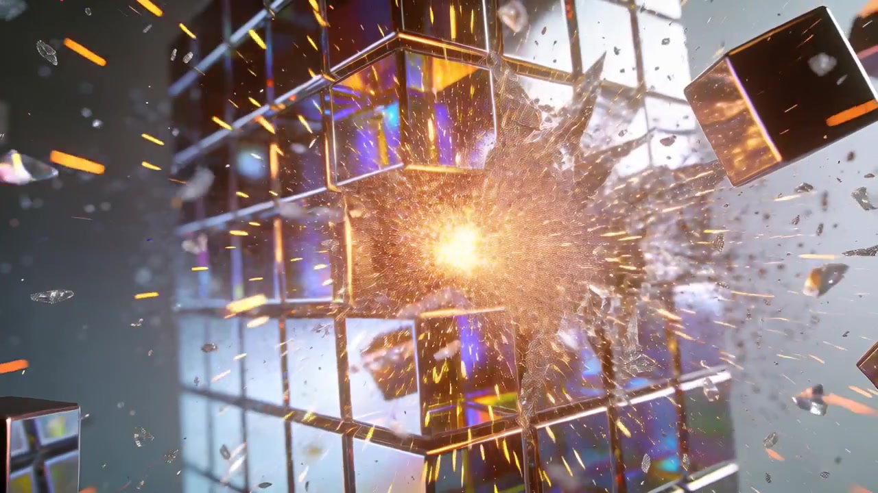 Blocco cubo specchiato che si frantuma subendo un impatto centrale in studio, emettendo un nucleo arancione e scintille
