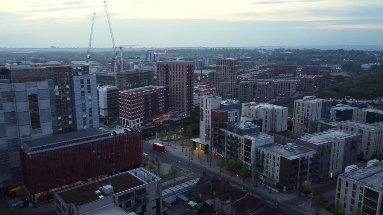 Drone shot of the high street and apartments in Colindale, London