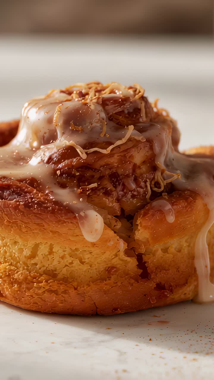 Vertical video: Pouring white glaze from top onto cinnamon roll on plate coating with toasted bits