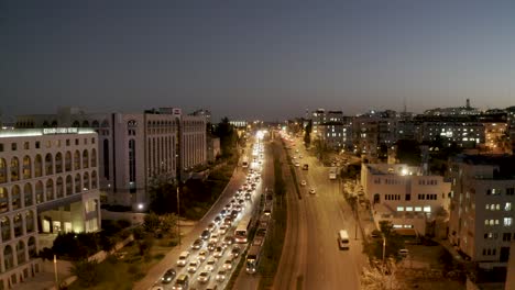 Jerusalem-crossroad-one-way-traffic-jam,-night,-Israel,-aerial-shot-with-drone