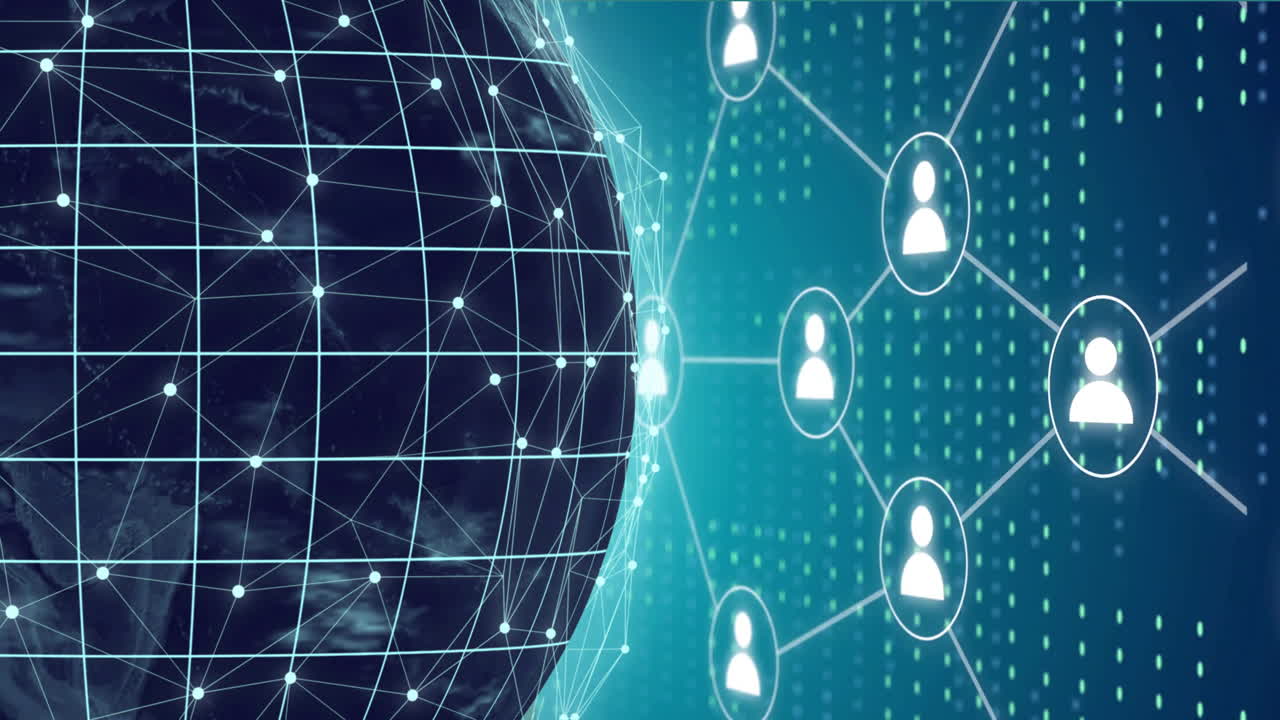 animación de red global giratoria sobre la red de personas iconos en fondo azul
