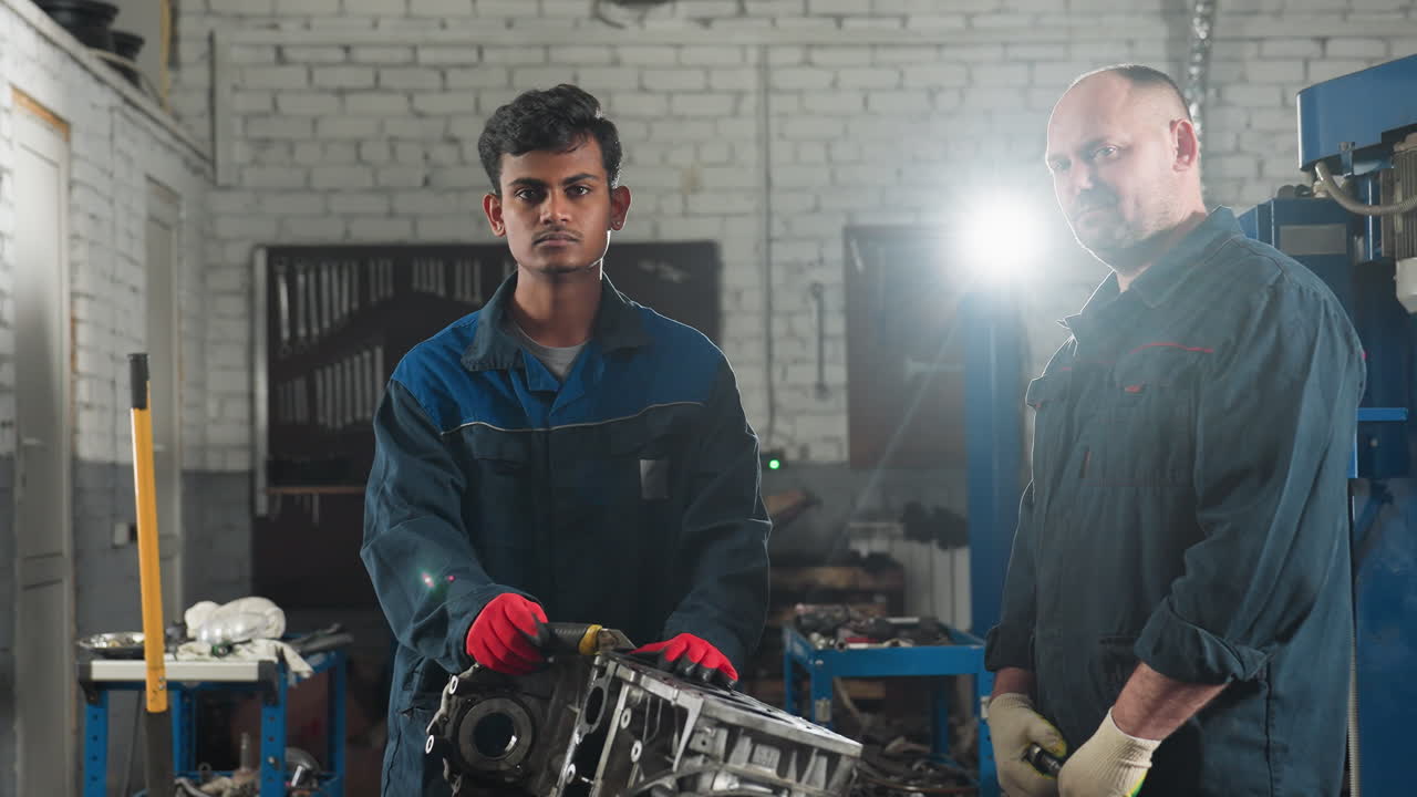 mecánicos en uniforme azul de pie cerca del motor del coche en el taller de automóviles, iluminados por una luz brillante que crea un efecto dramático, el fondo presenta herramientas, equipos y componentes mecánicos