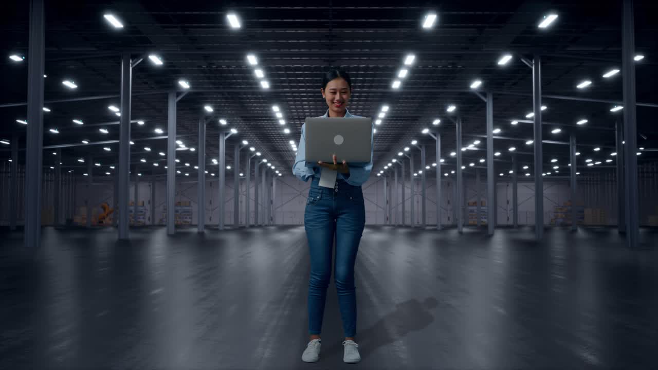 Full Body Of Asian Female With Her Laptop in Empty Modern Warehouse, Working Continuously