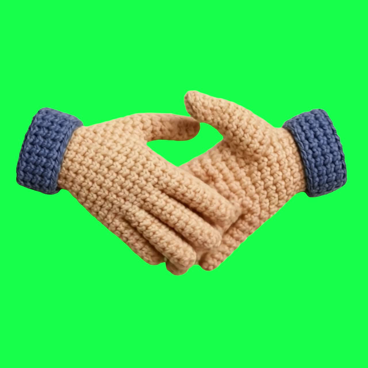 Crocheted handshake animation, transparent 4K video, green screen