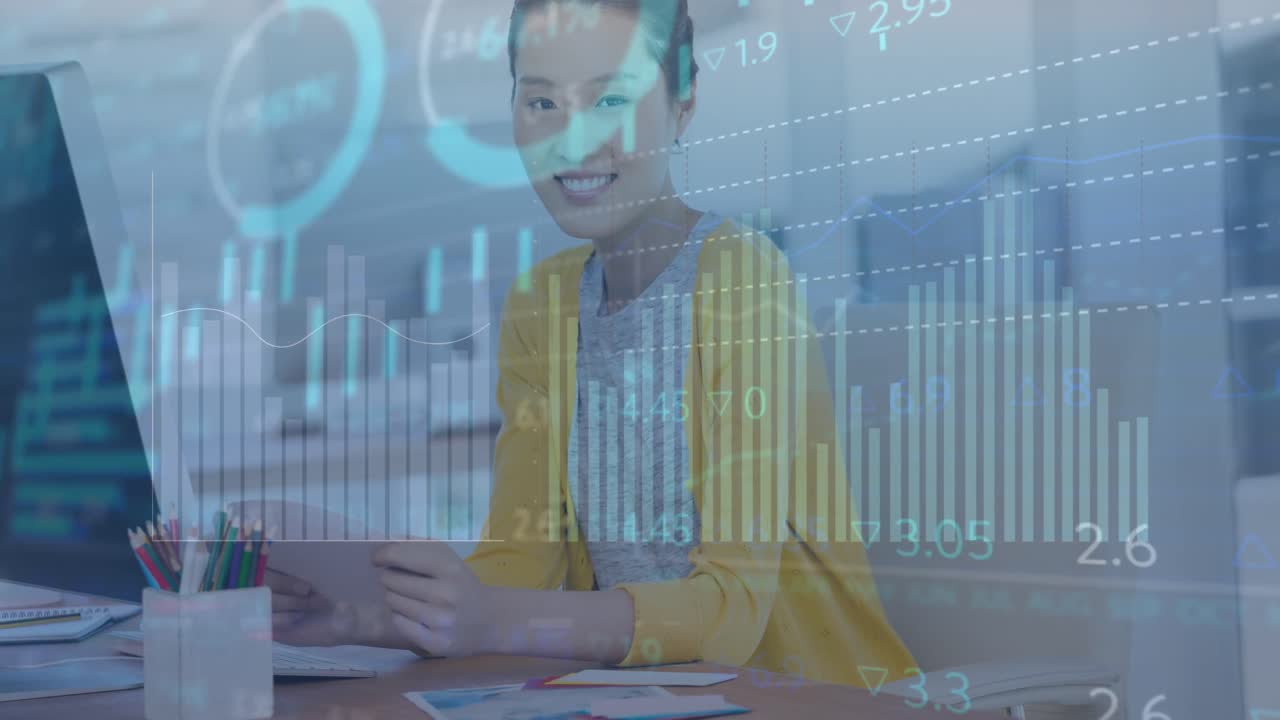 Animation of multiple graphs moving over portrait of smiling asian businesswoman in office