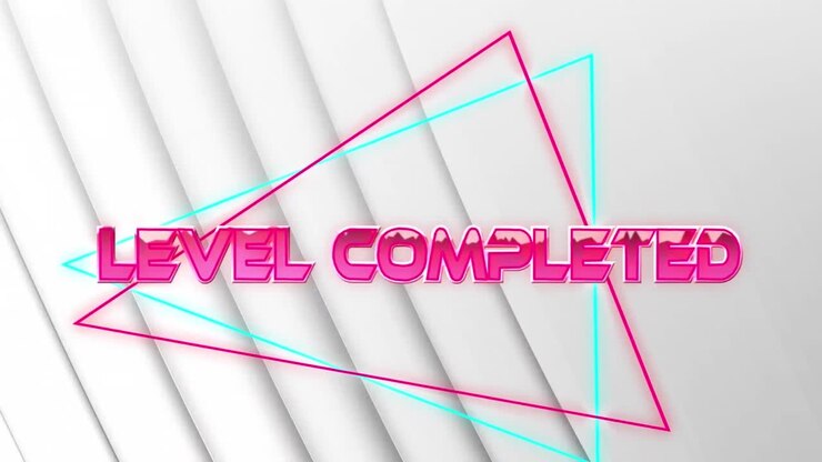 Animazione del testo "livello completato" in rosa metallizzato, su linee al neon su sfondo nero.