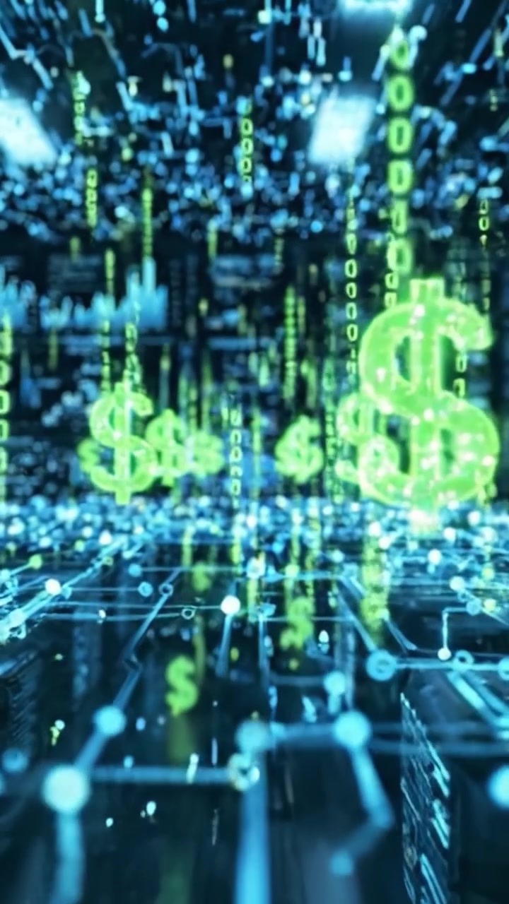 Una Exploración Inmersiva de las Finanzas Futuristas: Un Vistazo a un Reino Digital Abundante en Símbolos de Moneda Fluyentes y Flujos de Datos