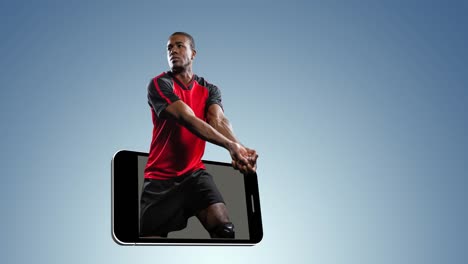 Animation-of-male-volleyball-player-over-smartphone-on-blue-background