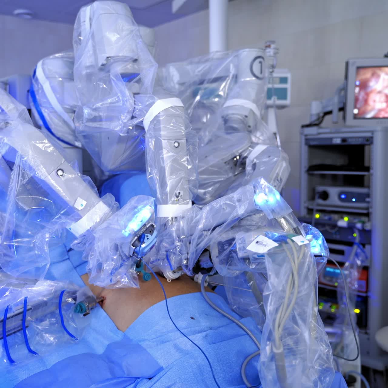 Minimally invasive surgery. Medical robot performing an operation to a patient. Work of futuristic robotic machine in the modern operating room.