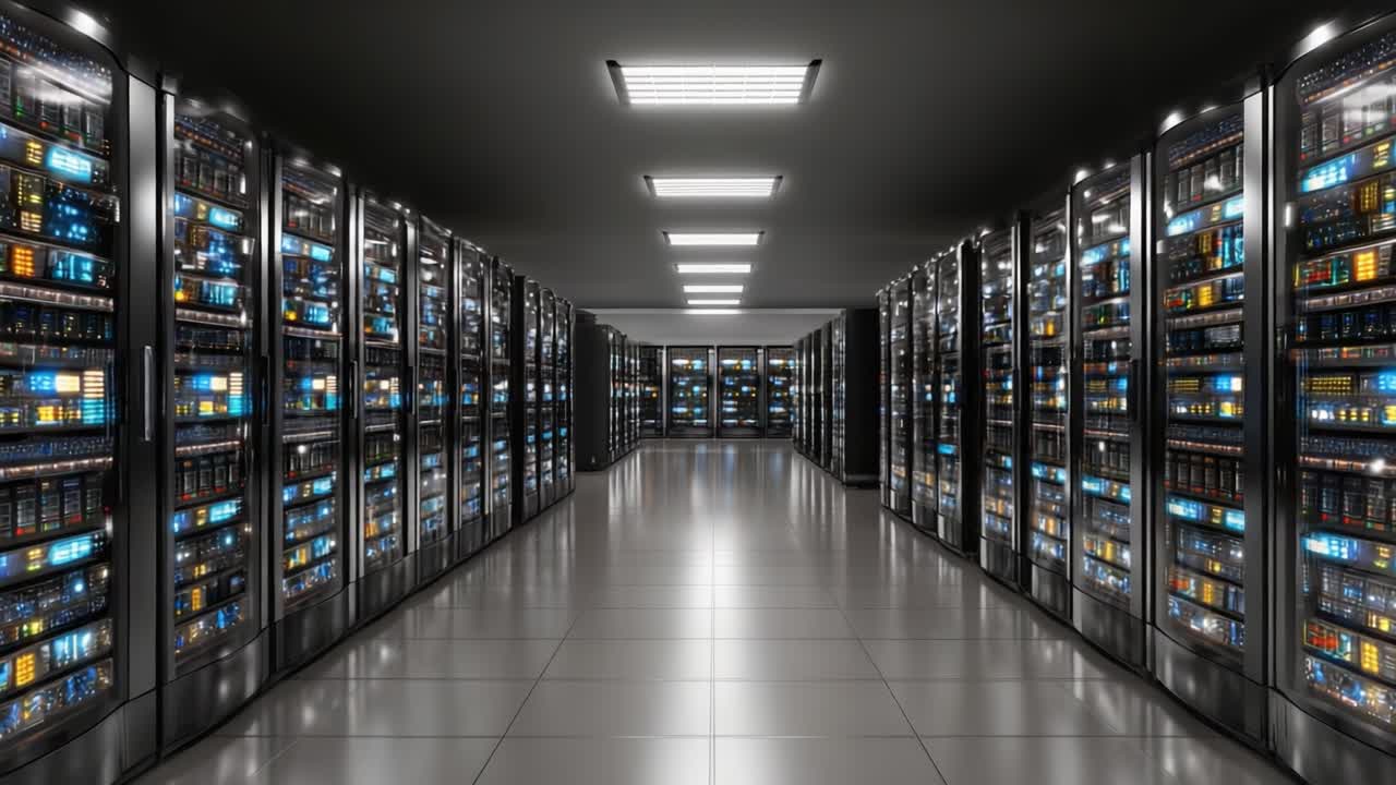 A Stunning Glimpse Inside a High-Tech Data Center Featuring Server Racks Illuminated with Blue and White LEDs, Showcasing the Heart of Modern Digital Infrastructure
