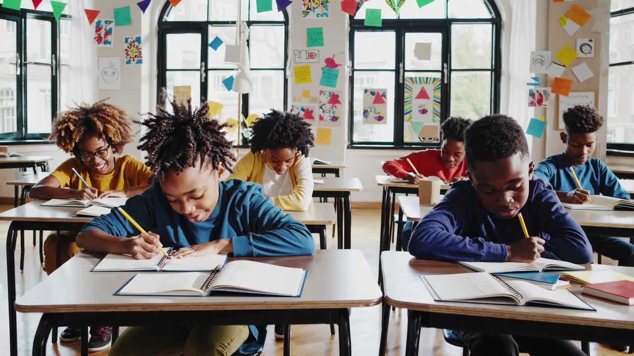 Classroom scene with diverse students writing at desks. Captured from a wide-angle, the video