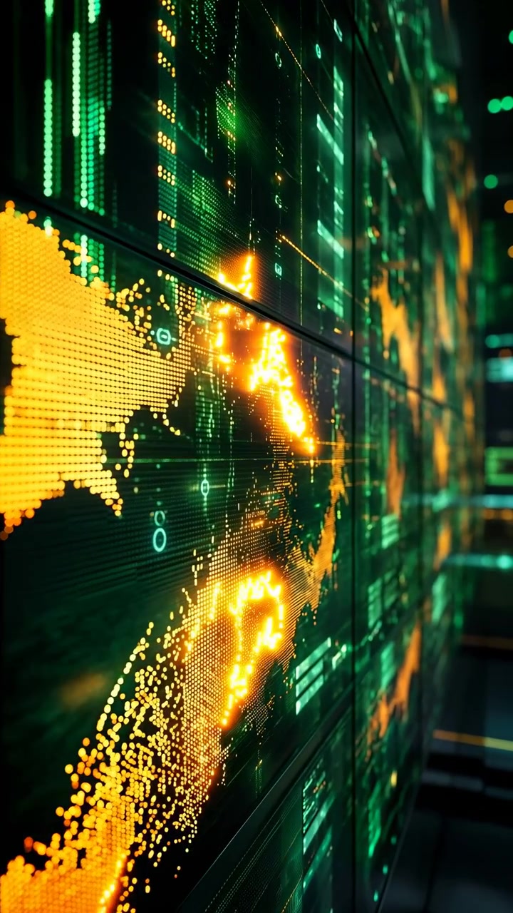 Un'interfaccia animata di mappa globale mostra percorsi arancioni luminosi che scorrono attraverso pannelli a griglia digitale verdi, creando una visualizzazione tecnologica futuristica con schermi a strati e illuminazione ad alto contrasto.