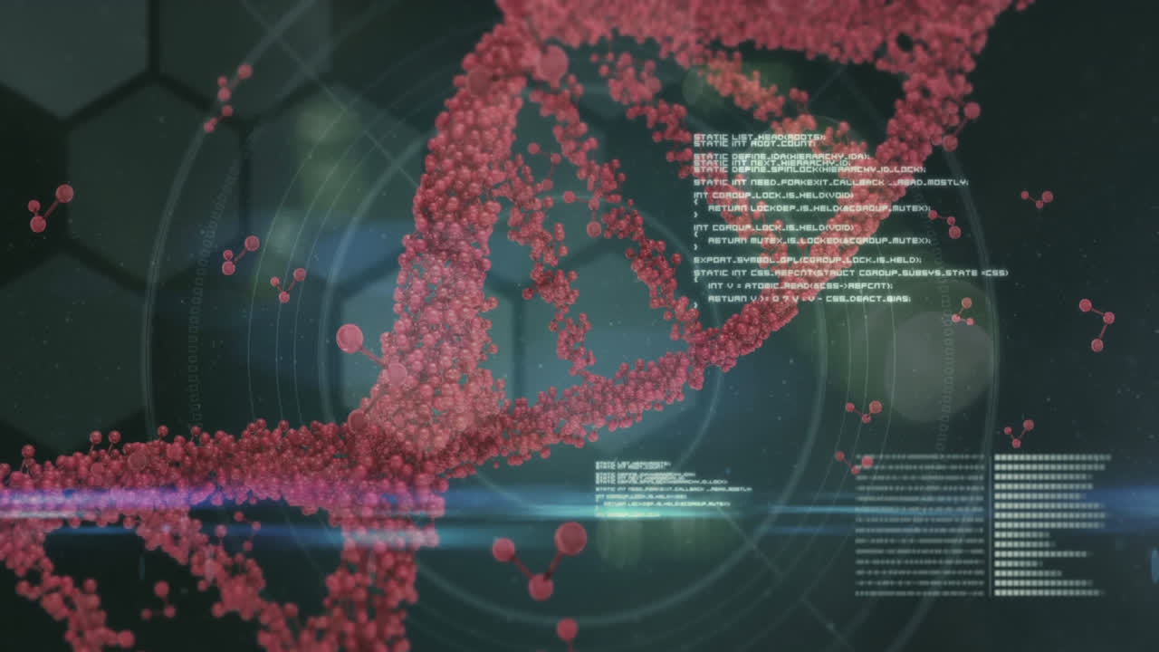 animación del adn y la estructura molecular en el procesamiento de datos, formas hexagonales y puntos de luz