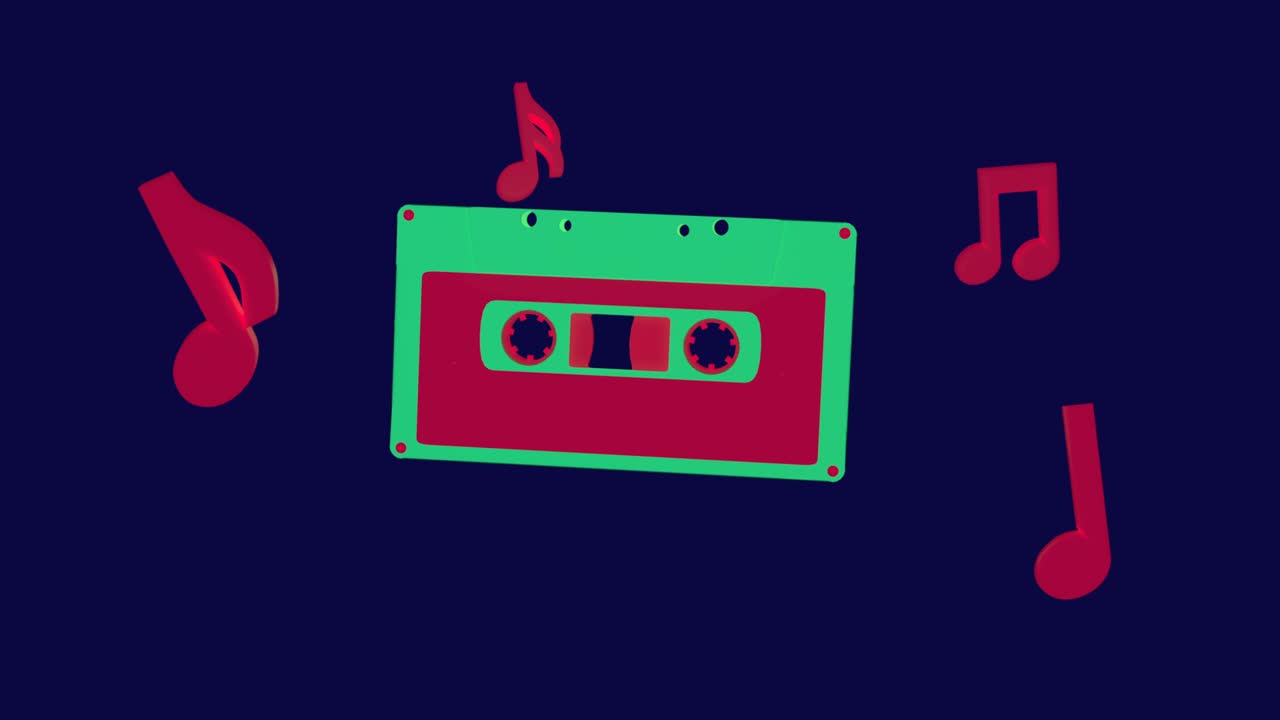 레트로 카세트와 음악 노트가 떠다니고 있습니다.