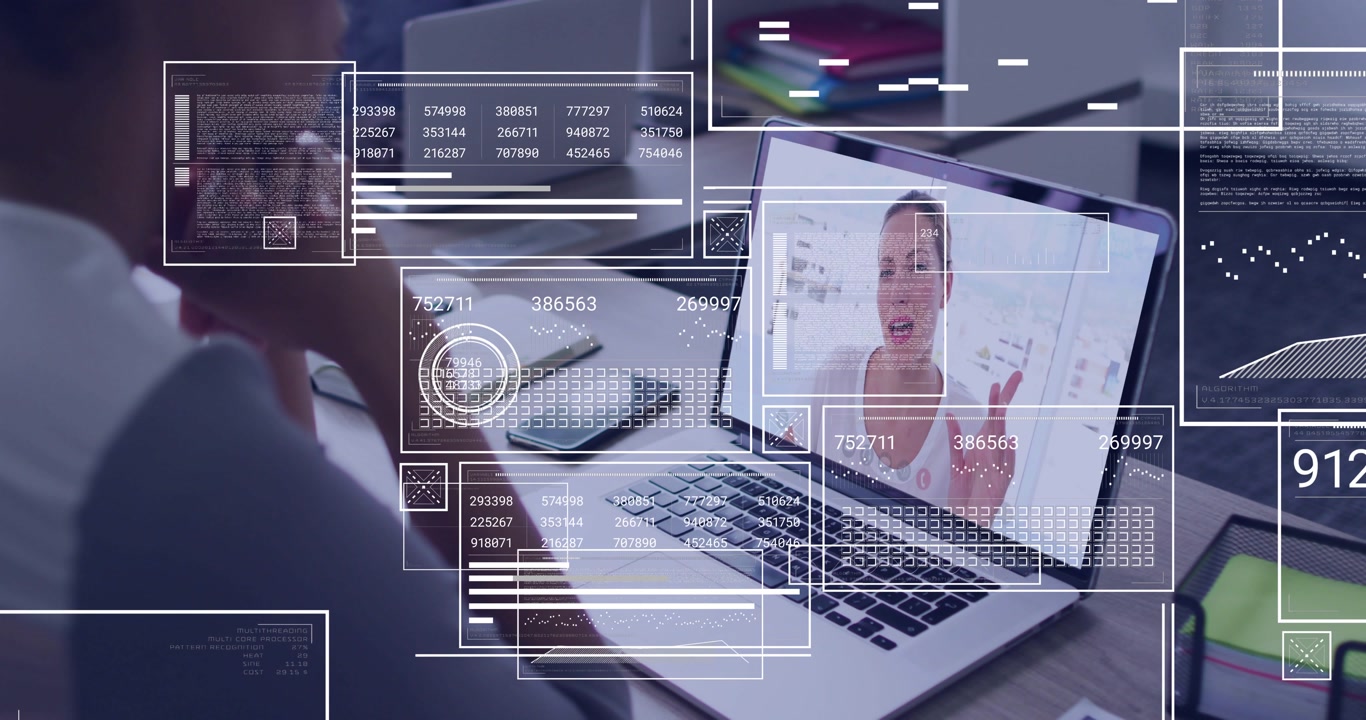 Man watching laptop as remote presenter speaking, HUD appearing highlighting charts for data brief