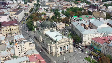 Aerial-of-the-Lviv-National-Academic-Opera-and-Ballet-Theatre-in-Lviv-Ukraine-during-a-summer-day-with-cars-driving-and-old-European-buildings-in-the-background