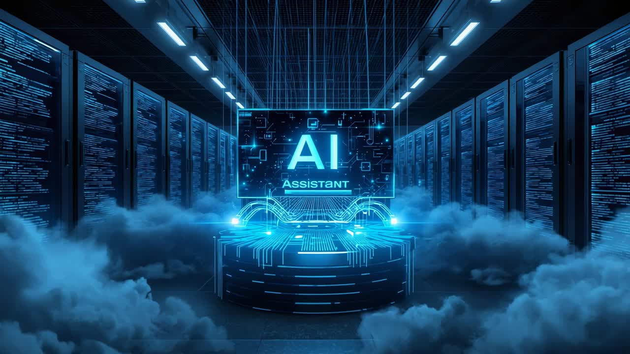 Emerging pedestal with mist in server room corridor, activating AI Assistant hologram for readiness