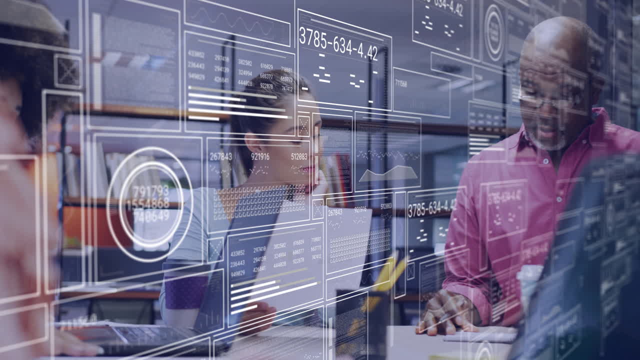 reunión de negocios con animación de análisis de datos sobre diversos colegas en la oficina