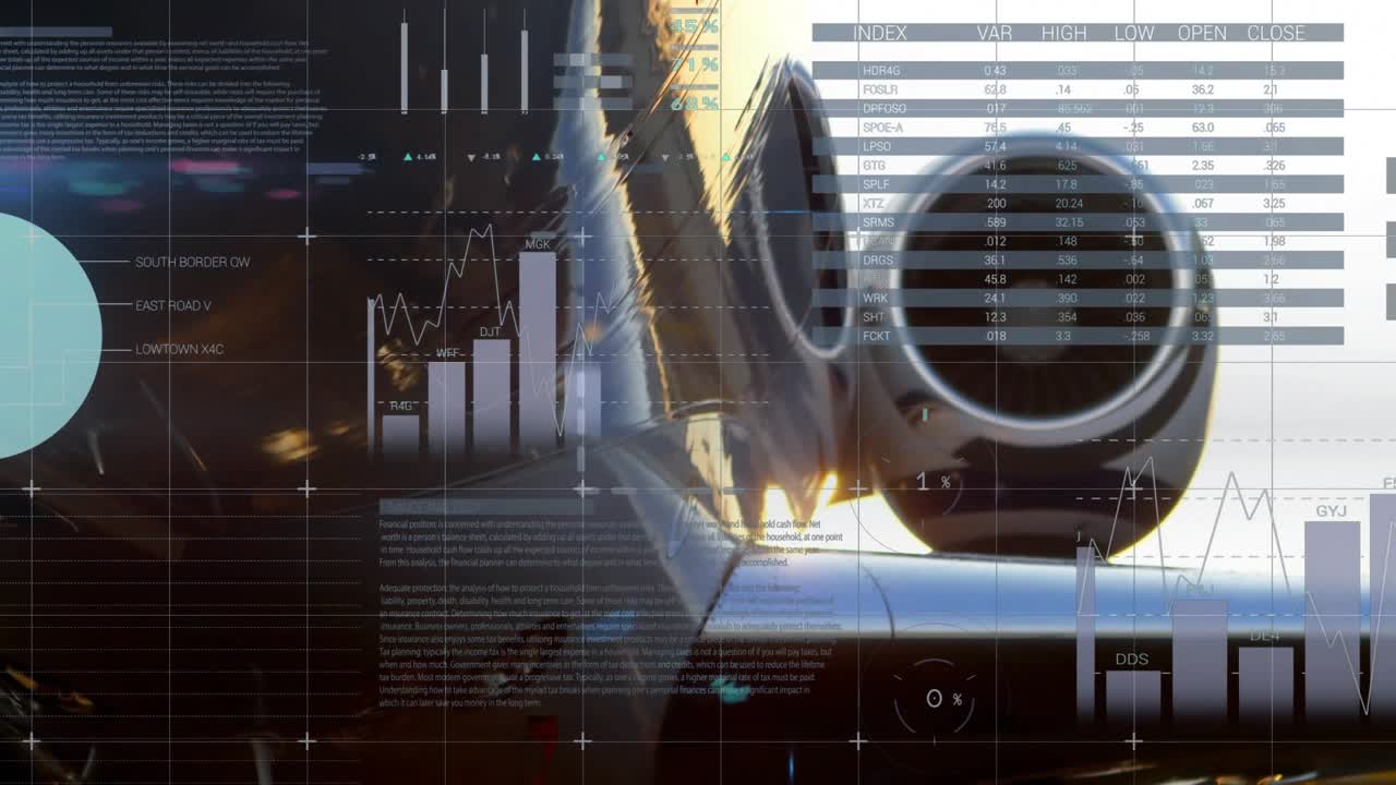 Dusk-lit apron opening view, data overlays sliding around jet engine intake for maintenance check