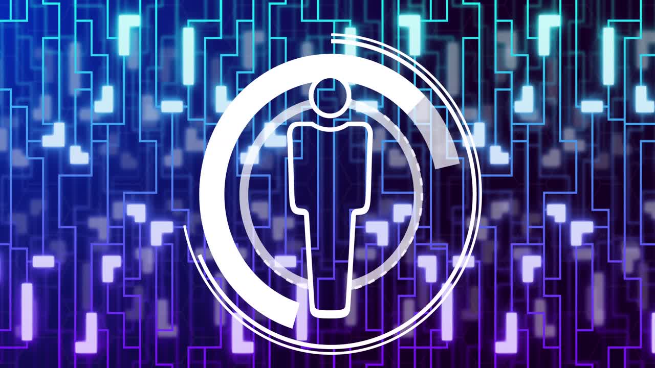 데이터 처리 및 디지털 사람 아이콘과 함께 컴퓨터 회로판의 애니메이션