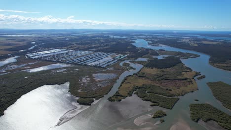 Aerial-View-Of-Micalo-Island,-Clarence-Estuary-Nature-Reserve,-And-Wooloweyah-Lagoon-In-Yamba,-New-South-Wales,-Australia