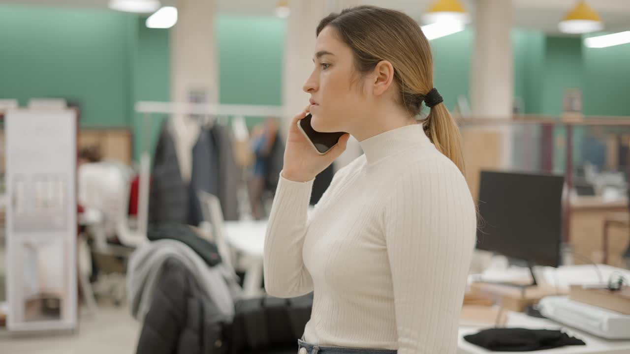 Jonge vrouw praat op de telefoon in het kantoor
