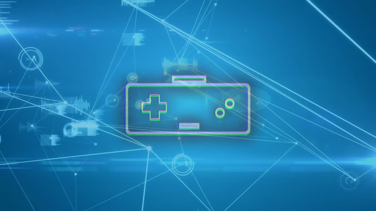 게임 컨트롤러 아이콘 애니메이션과 파란색 디지털 네트워크 배경