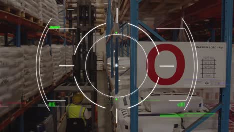 animation of scope over network of digital icons against male worker operating forklift at warehouse