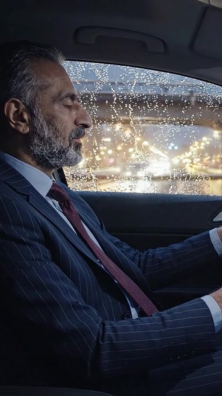 Un viaggio riflessivo: un uomo barbuto in abiti da lavoro contempla la vita attraverso i finestrini bagnati dalla pioggia dell'auto con luci sfocate della città sullo sfondo