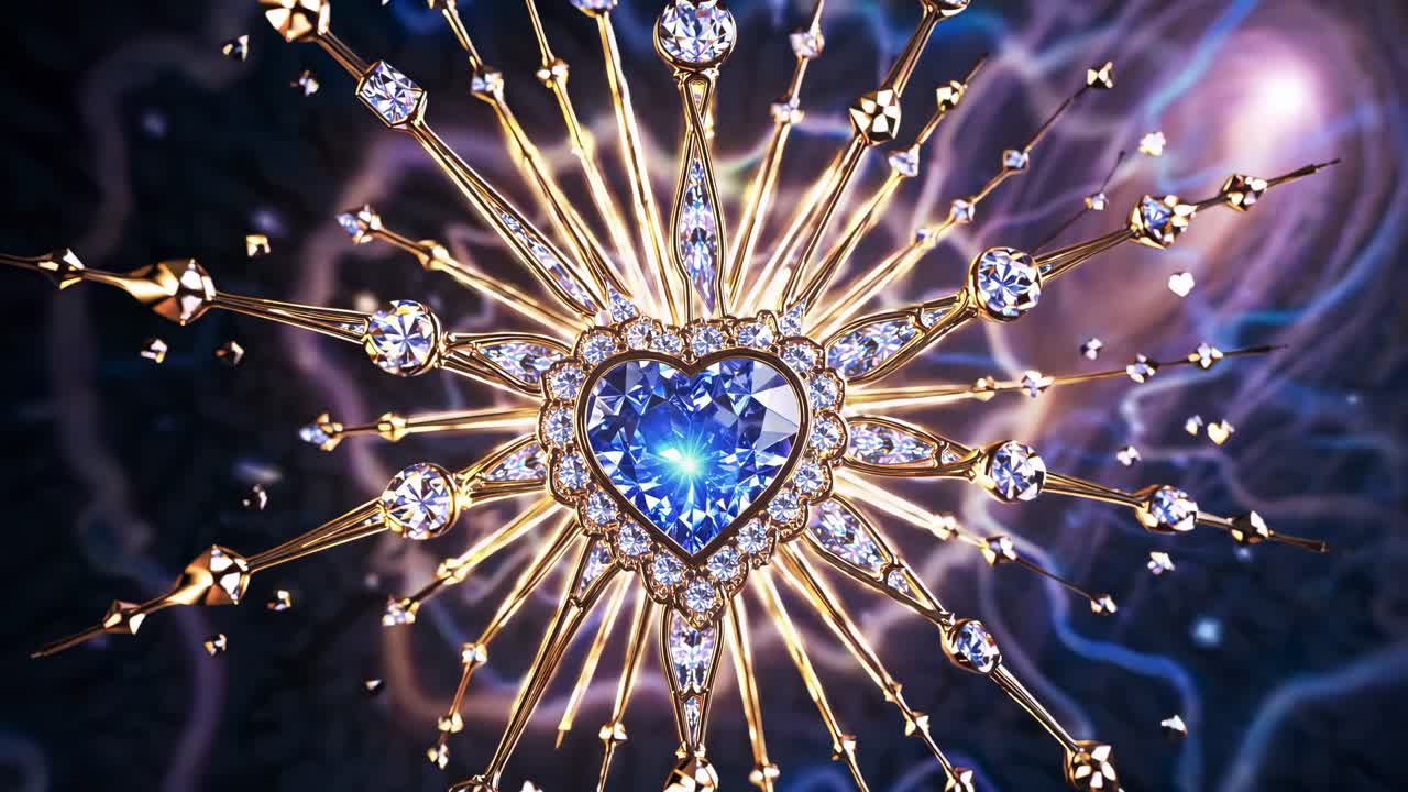 Golden starburst with heart shaped sapphire and surrounding diamonds glittering and radiating on a dark, smoky background creates a luxurious and romantic atmosphere