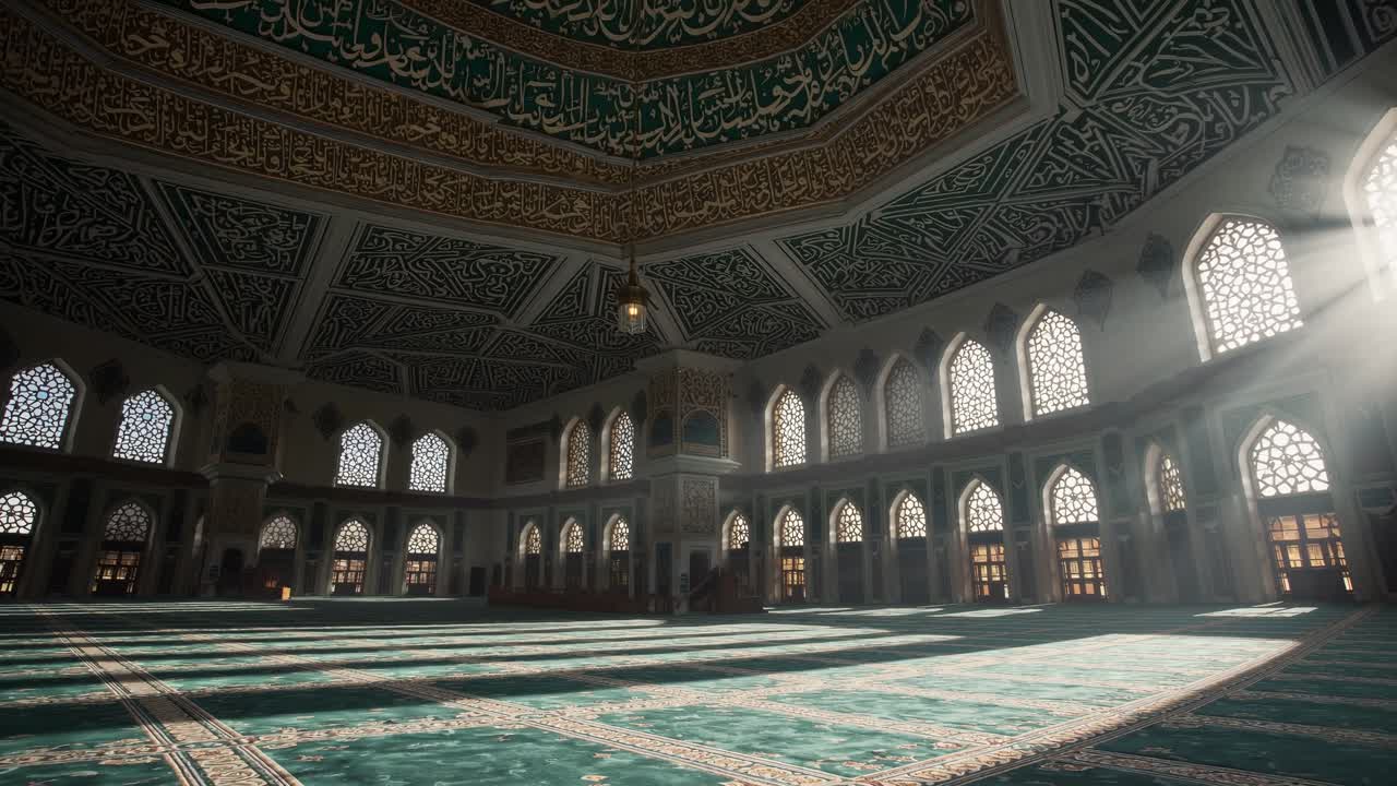 Sunbeams are illuminating the empty interior of a mosque during the day, creating a serene and spiritual atmosphere with intricate arabic calligraphy on the ceiling and walls