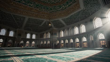 sunbeams are illuminating the empty interior of a mosque during the day, creating a serene and spiritual atmosphere with intricate arabic calligraphy on the ceiling and walls