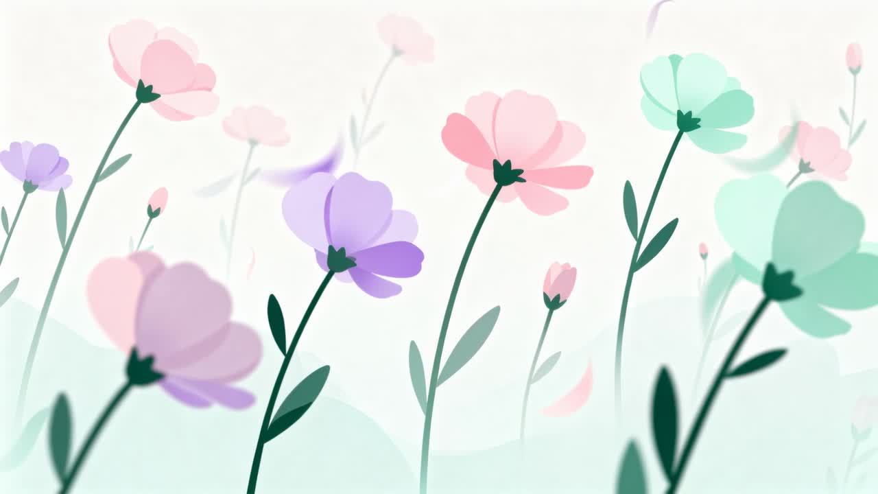 Swaying pastel flower cluster, dark stems leaning in meadow while breeze lifting sheer petals out