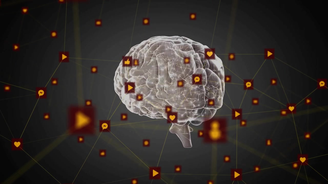 Starting with semi-transparent 3D brain over grid rotating and pulsing icons mapping connections