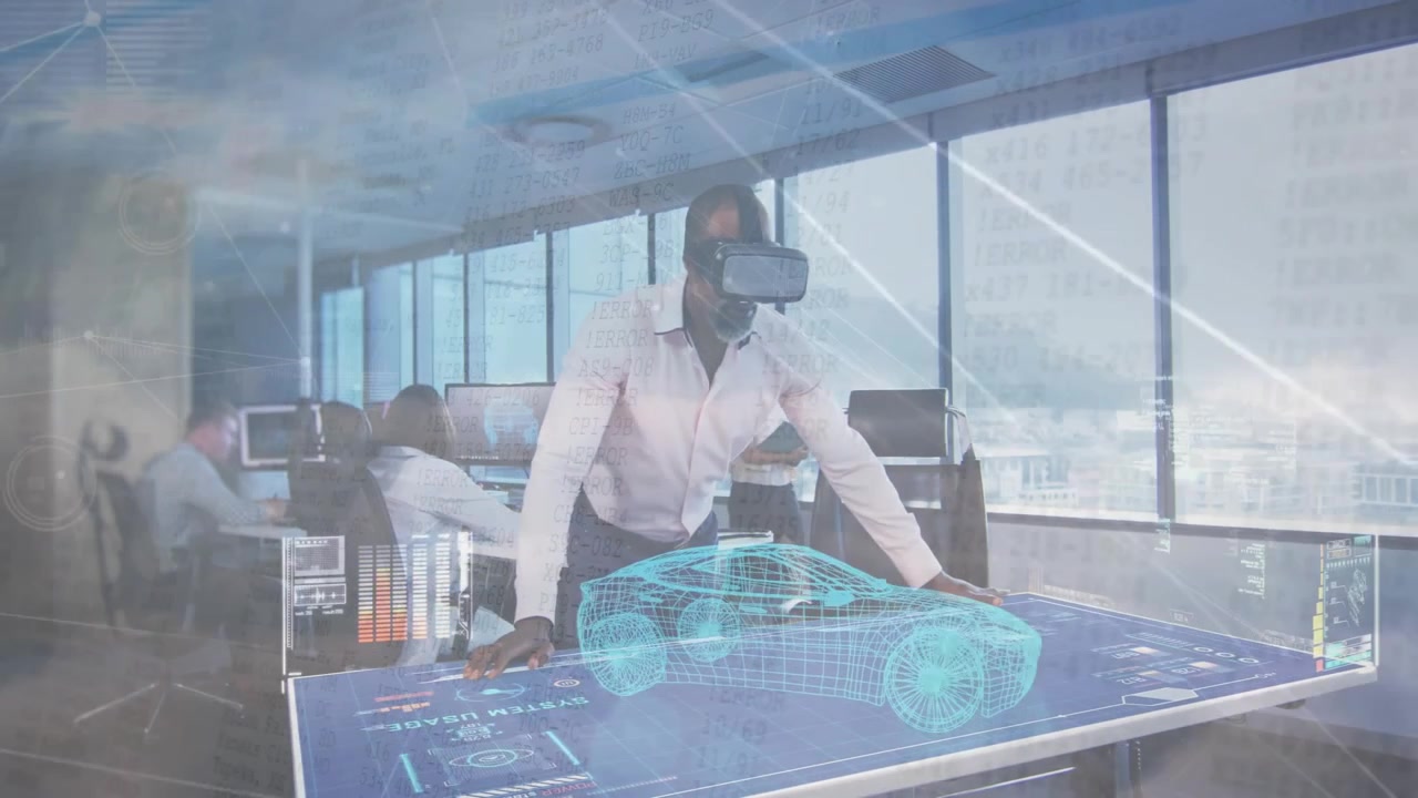 Design engineer touching table and activating car hologram for review while tech team checking data