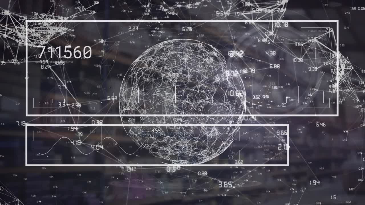 Animation of data processing and globe of network of connections spinning against warehouse