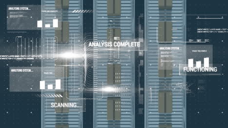 digital interface with data processing over multiple boxes on conveyor belt against blue background