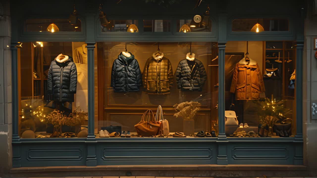 Illuminated Clothing Store Window Display at Night