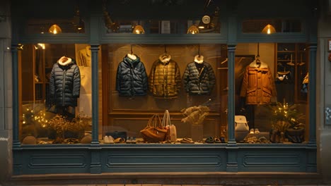 illuminated clothing store window display at night