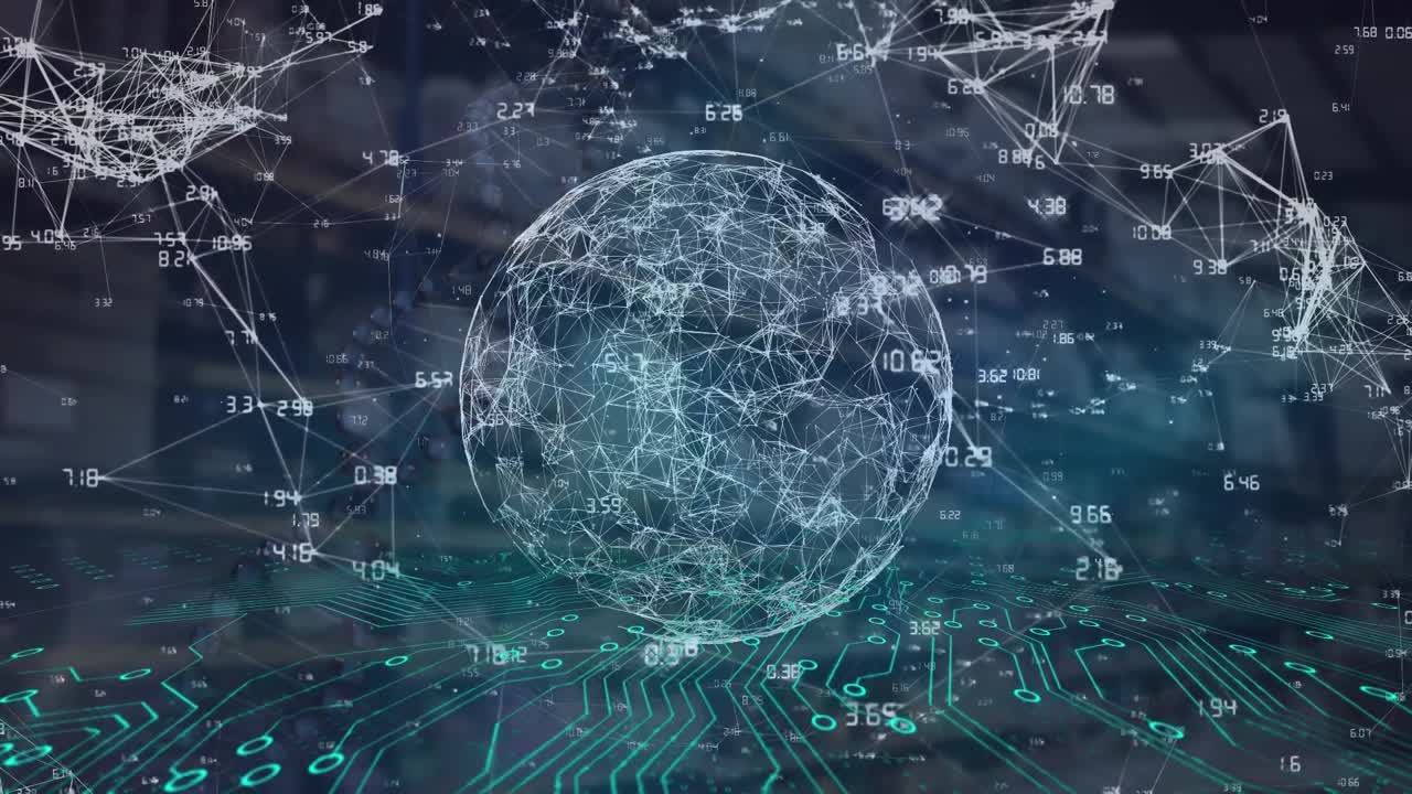 Animation of computer data processing and globe with connections and glowing light trails