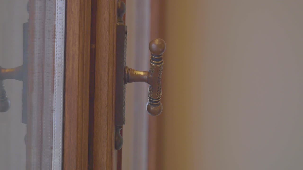 persona abriendo una puerta de madera con una manija de bronce decorativa