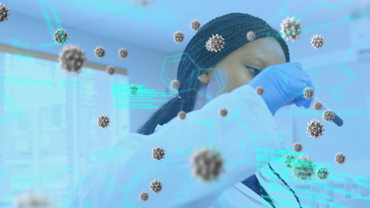 Covid-19 cells and data processing against female scientists working in laboratory